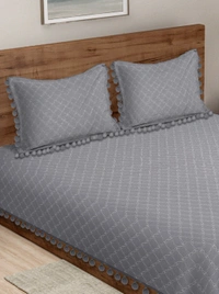 MORADO Premium Glace Cotton Quilted Bed Cover with 2 Quilted Pillow Covers with Beautiful Bubble Lace on Border - 90x100 Inch, Dark Grey - 90x100 Inches, Grey