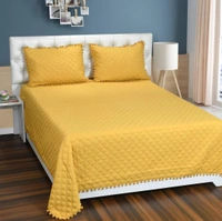 MORADO Premium Glace Cotton Quilted Bed Cover with 2 Quilted Pillow Covers with Beautiful Bubble Lace on Border - 90x100 Inch, Mustard - 90x100 Inches, Mustard