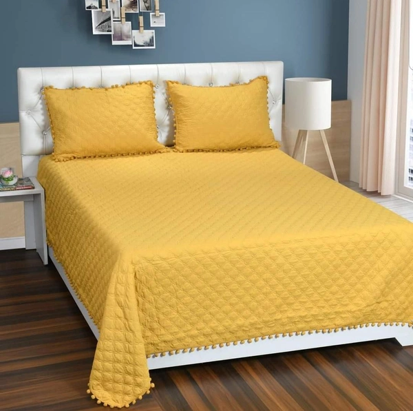 MORADO Premium Glace Cotton Quilted Bed Cover with 2 Quilted Pillow Covers with Beautiful Bubble Lace on Border - 90x100 Inch, Mustard - 90x100 Inches, Mustard