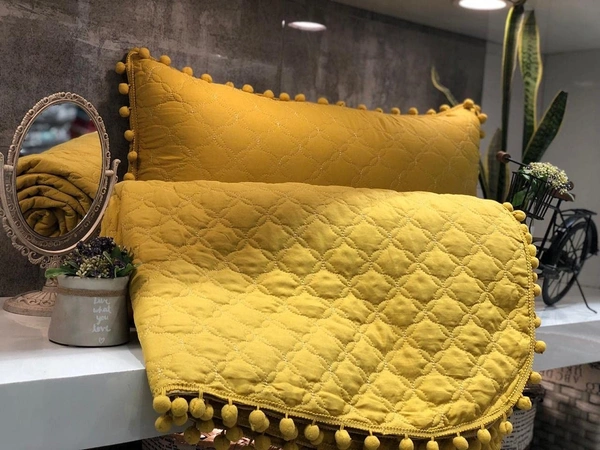 MORADO Premium Glace Cotton Quilted Bed Cover with 2 Quilted Pillow Covers with Beautiful Bubble Lace on Border - 90x100 Inch, Mustard - 90x100 Inches, Mustard