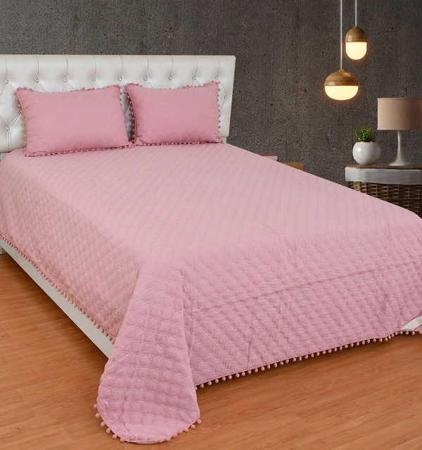MORADO Premium Glace Cotton Quilted Bed Cover with 2 Quilted Pillow Covers with Beautiful Bubble Lace on Border - 90x100 Inch, Light Pink - 90x100 Inches, Pink