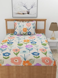 MORADO Premium Glace Cotton Elastic Fitted Single Bedsheet With 1 Pillow Cover (36x72x8 Inches) - 36x72x8 Inches, Offwhite