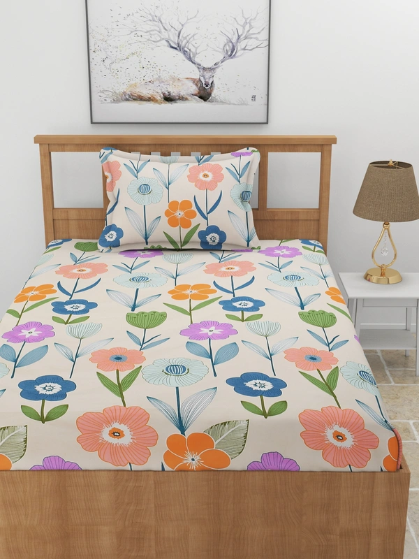 MORADO Premium Glace Cotton Elastic Fitted Single Bedsheet With 1 Pillow Cover (36x72x8 Inches) - 36x72x8 Inches, Offwhite
