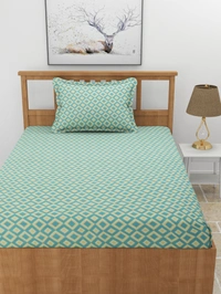 MORADO Premium Glace Cotton Elastic Fitted Single Bedsheet With 1 Pillow Cover (36x72x8 Inches) - 36x72x8 Inches, Green