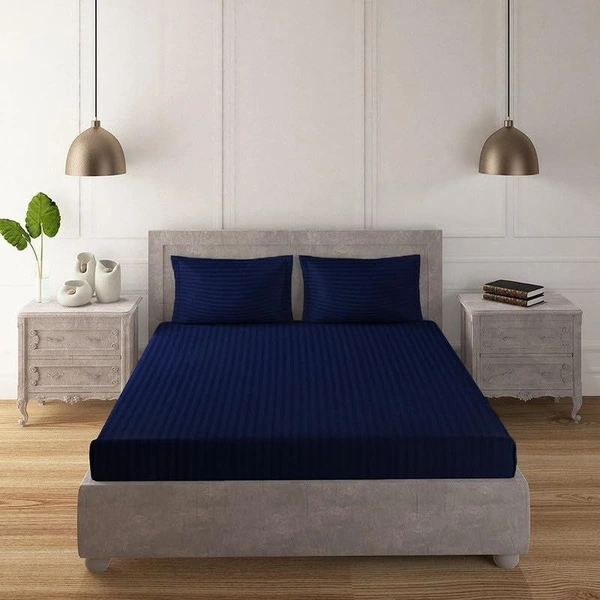 MORADO Premium Glace Cotton Stripe Double Bedsheet With 2 King Size Pillow Covers for Home-Hotels-Guest House (108x108 Inches) - 108x108 Inches, Blue