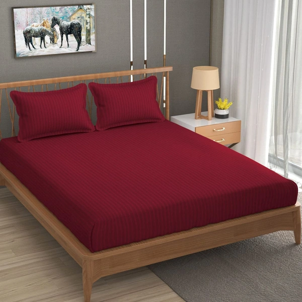 MORADO Premium Glace Cotton Stripe Double Bedsheet With 2 King Size Pillow Covers for Home-Hotels-Guest House (108x108 Inches) - 108x108 Inches, Maroon