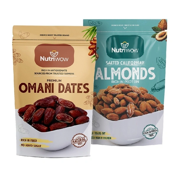 Nutriwow Premium Omani Dates 400g & Roasted & Salted Almonds 200g | Khajur and Badam - 600g