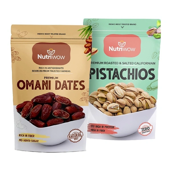 Nutriwow Premium Omani Dates 400g & Roasted & Salted Pistachios 200g | Khajur and Pista | - 600g