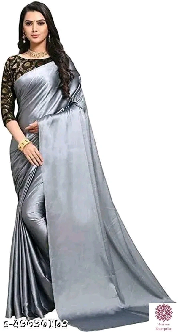 Sana Silk Satin Saree With Blouse - Gray