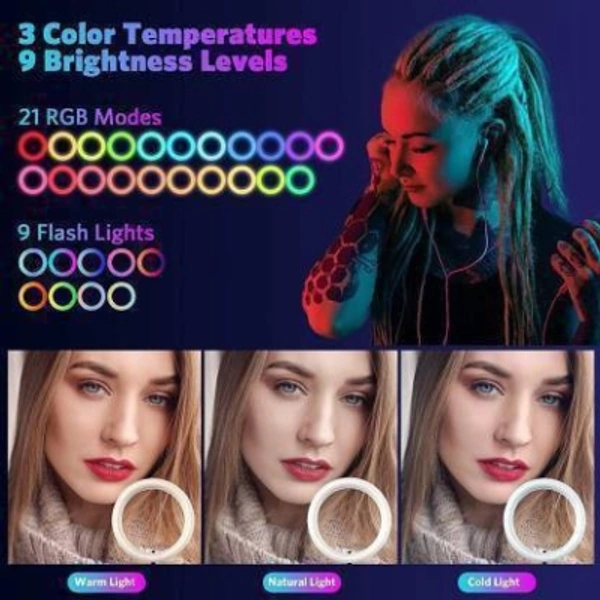 Meraki Wonder 10" Selfie RGB Ring Light with Tripod Stand LED Dimmable with 21 Colours and Shutter for Live Stream Ring Flash