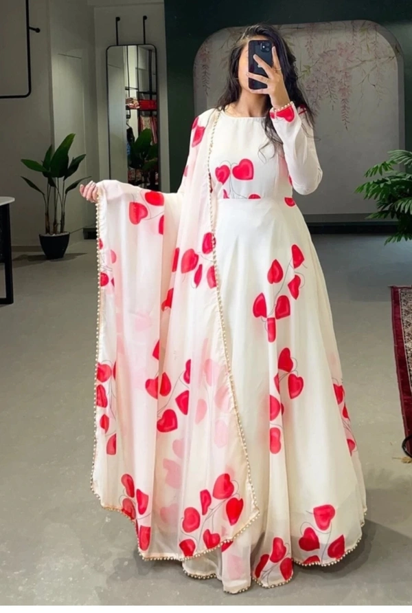 Exclusive white faux georgette printed designer partywear dress with dupatta - 🪙, S