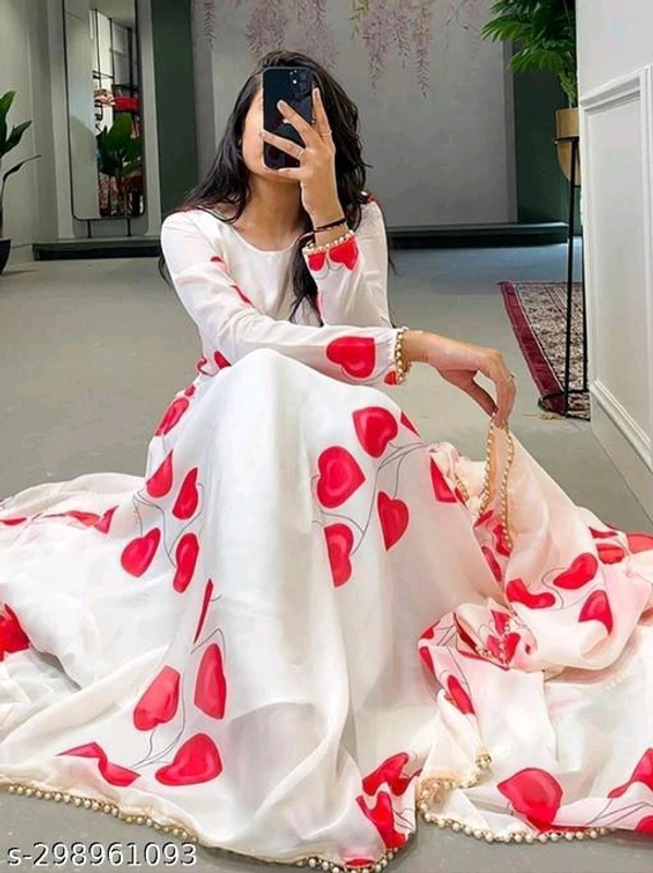 Exclusive white faux georgette printed designer partywear dress with dupatta - 🪙, S
