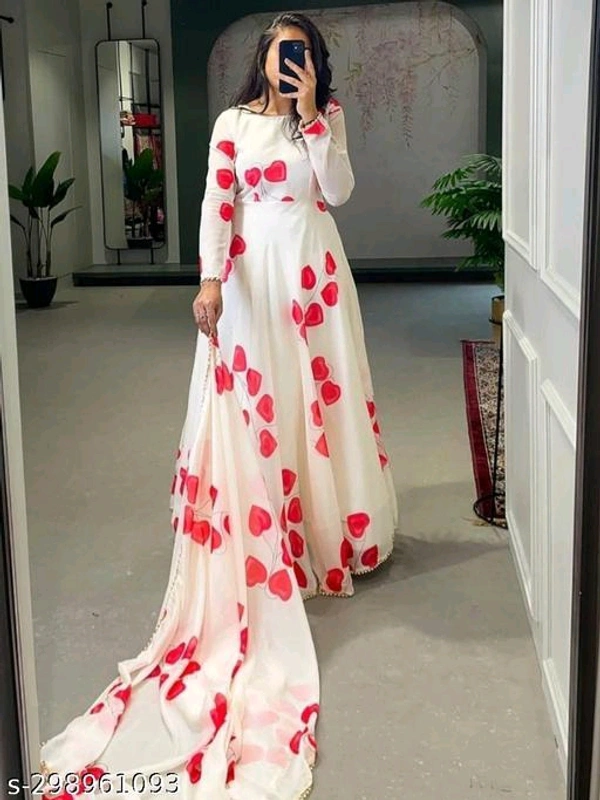 Exclusive white faux georgette printed designer partywear dress with dupatta - 🪙, M