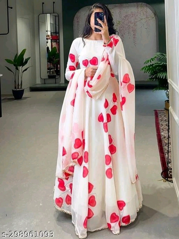 Exclusive white faux georgette printed designer partywear dress with dupatta - 🪙, M