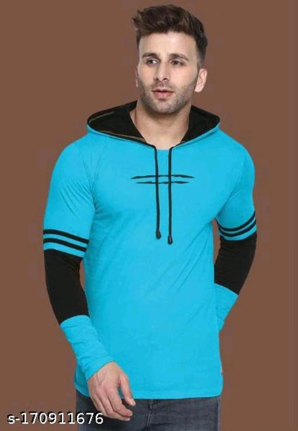 Men Colorblock Hooded Neck Cotton Blend Black, Aqua Blue T-shirt - M
