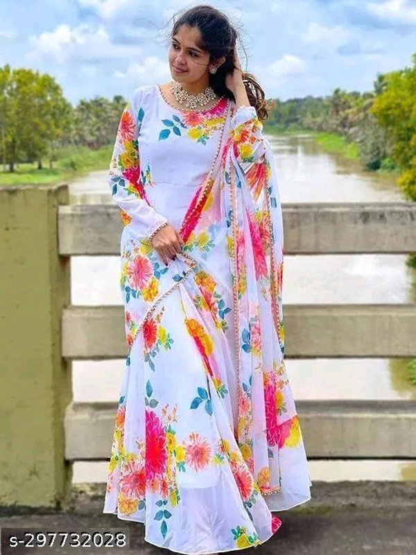 FORAM HEAVY GEORJET DIGITAL PRINT STYLIST KURTI WITH DUPATTA - 🪙, L