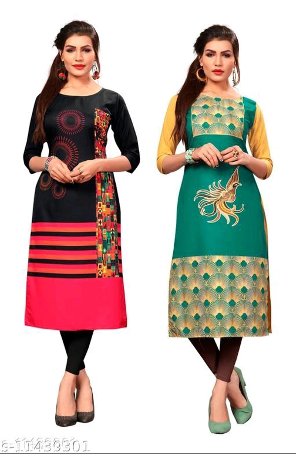 Women's Printed Full-Stitched Crepe Straight Kurti(Combo Pack Of 2) - 🪙, XL