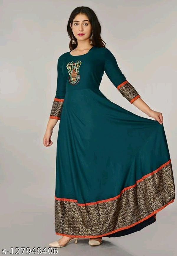 Women's Long Embroidered Printed Rayon kurtis - 🪙, XL