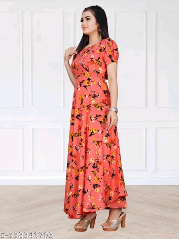Checkout this latest DressesProduct Name: *Women Peach & Black Floral Print Puffed Sleeve Maxi Dress* - 🪙, L