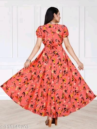 Checkout this latest DressesProduct Name: *Women Peach & Black Floral Print Puffed Sleeve Maxi Dress* - 🪙, XL