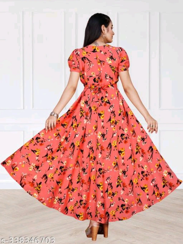 Checkout this latest DressesProduct Name: *Women Peach & Black Floral Print Puffed Sleeve Maxi Dress* - 🪙, XL