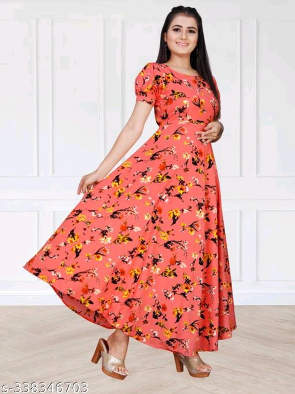 Checkout this latest DressesProduct Name: *Women Peach & Black Floral Print Puffed Sleeve Maxi Dress* - 🪙, XXL