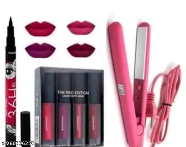 Combo of Red edition liquid lipstick set of 4 different colours , 36 H waterproof long-lasting Eyeliner , Hair straightener (Pack of 6) Product Name : Combo of Red edition liquid lipstick set of 4 different colours , 36 H waterproof long-lasting Eyeliner , Hair straightener (Pack of 6)