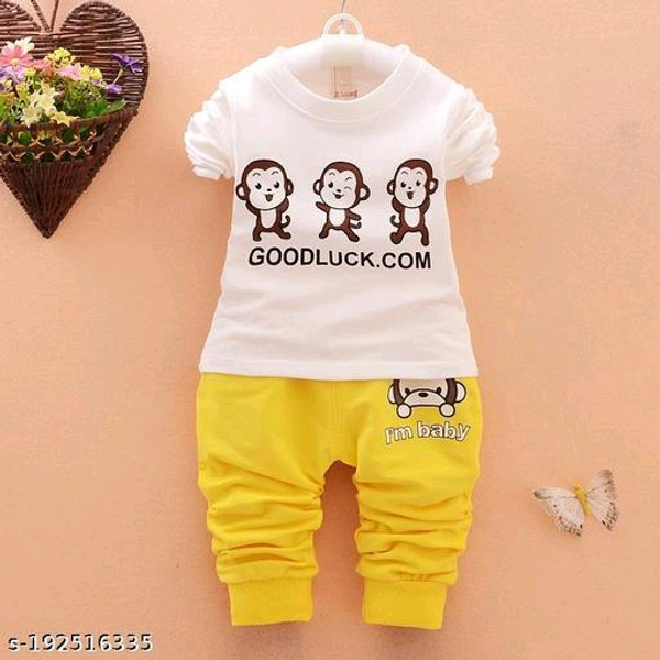 JS.GARMENTS I AM BABY ;;" GOODLUCK T-SHIRT JACKET AND PANT 3PSE SET ( WHITE AND ROYAL BLUE) - 12-18 Months, Yellow