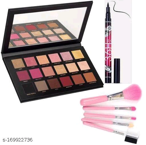 Sensational ROSE GOLD eyeshadow Makeup kit with 18 Exciting Smudge Proof Shades + One 36H Deep Black Waterproof Sketch Eyeliner + 5 Expert Makeup Brushes (Pack of 7 )