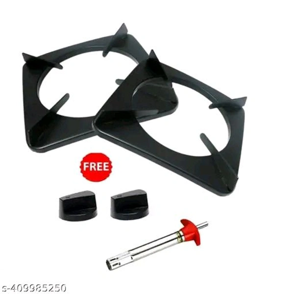 Gas Stove Parts Pan Support, Set of 2 Pieces, Black, 400Grams, 19x19x3 cm, Cast Iron with free lighter and knob - 🪙, Free Size, Black