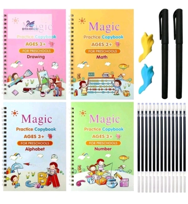 Practical Reusable Writing Tool Sank Magic Practice Copybook (4 BOOKS, 2 PEN,2 GRIP,10 REFILL), Number Tracing Book For Preschoolers With Pen, Magic Calligraphy Copybook Set Practical Reusable Writing Tool Simple Hand Lettering (Spiral, india)