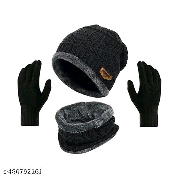 Unisex Winter Knit Beanie Cap Hat Neck Warmer Scarf And Hand Gloves  - Black