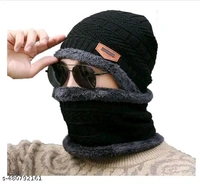 Unisex Winter Knit Beanie Cap Hat Neck Warmer Scarf And Hand Gloves  - Black