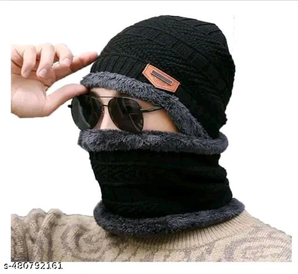Unisex Winter Knit Beanie Cap Hat Neck Warmer Scarf And Hand Gloves  - Black