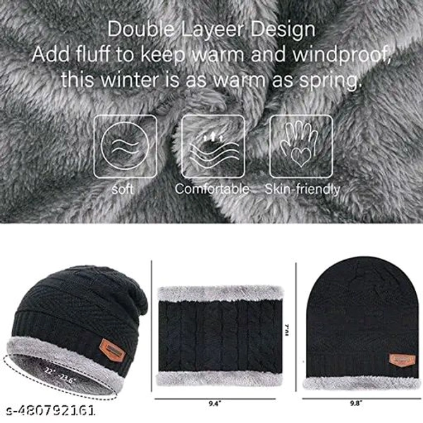 Unisex Winter Knit Beanie Cap Hat Neck Warmer Scarf And Hand Gloves  - Black