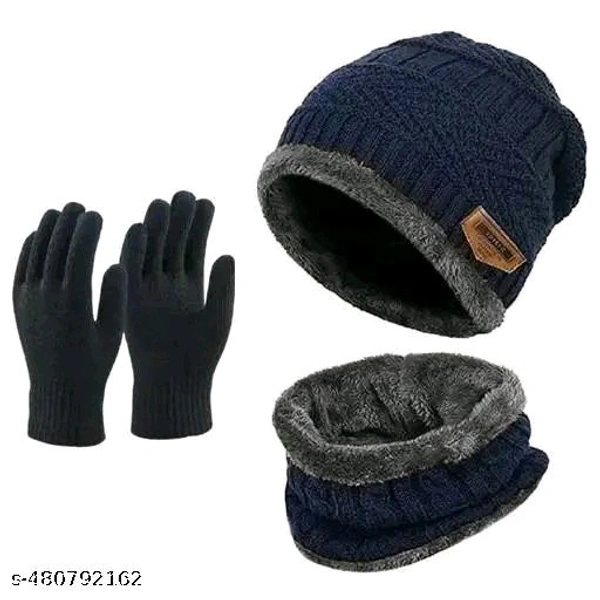 Unisex Winter Knit Beanie Cap Hat Neck Warmer Scarf And Hand Gloves  - Navy Blue