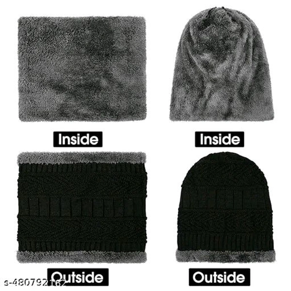 Unisex Winter Knit Beanie Cap Hat Neck Warmer Scarf And Hand Gloves  - Navy Blue