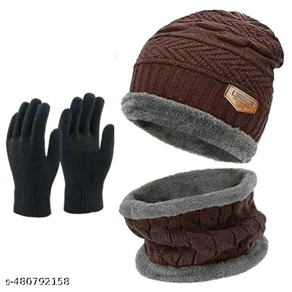 Unisex Winter Knit Beanie Cap Hat Neck Warmer Scarf And Hand Gloves  - Brown
