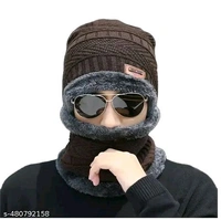 Unisex Winter Knit Beanie Cap Hat Neck Warmer Scarf And Hand Gloves  - Brown