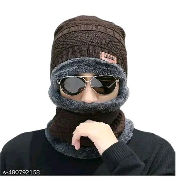 Unisex Winter Knit Beanie Cap Hat Neck Warmer Scarf And Hand Gloves  - Brown
