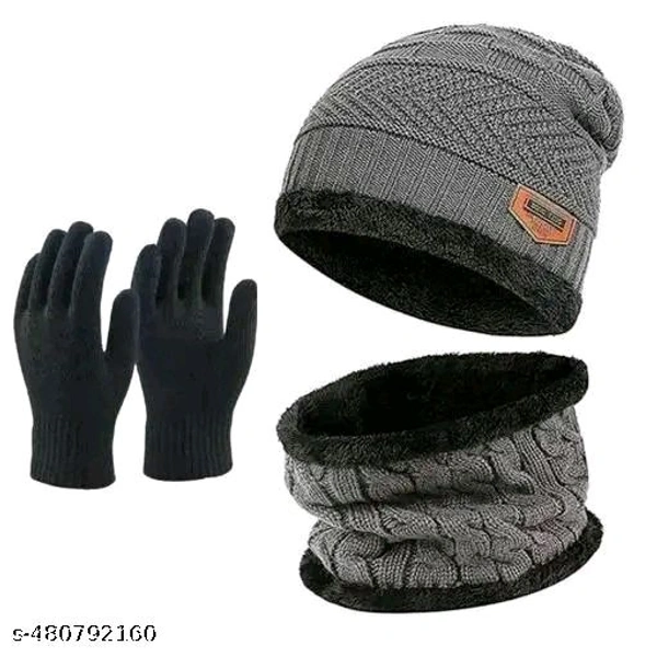 Unisex Winter Knit Beanie Cap Hat Neck Warmer Scarf And Hand Gloves  - Gray