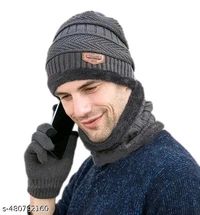 Unisex Winter Knit Beanie Cap Hat Neck Warmer Scarf And Hand Gloves  - Gray