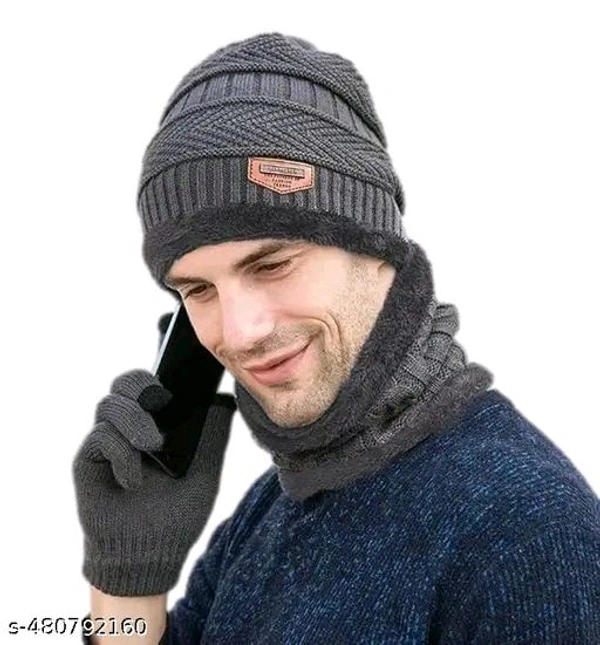 Unisex Winter Knit Beanie Cap Hat Neck Warmer Scarf And Hand Gloves  - Gray
