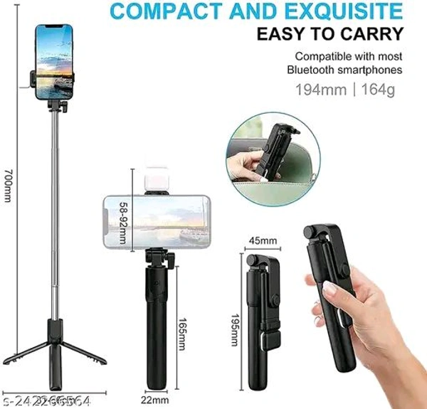 Bluetooth Extendable Selfie Stick with Wireless Remote, Selfie Stick, Adjustable and Rotatable Design (BLACK) - H