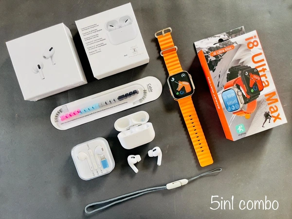 Apple Series i8 Ultra Max + Airpods Pro 2 + Apple Earphone + Cable Protector  - Orange, 44