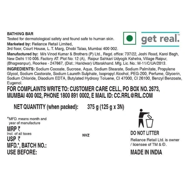 Get Real Pure & Tender Bathing Bar 125 g (Pack of 3)