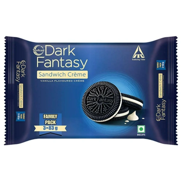 Sunfeast Dark Fantasy Vanilla Creme, 249g, Dark Crunchy Biscuit with Smooth Vanilla Creme