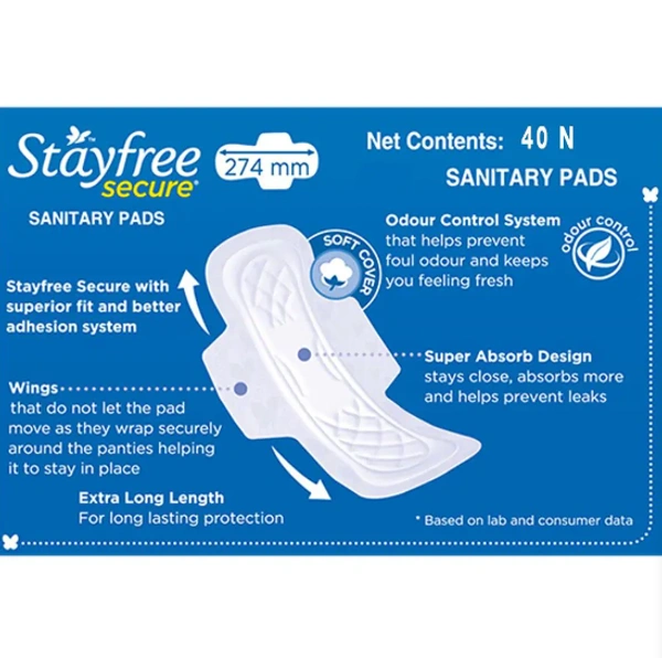 Stayfree Secure Cottony Soft Cover Sanitary Napkin with Wings (XL) 40 pads