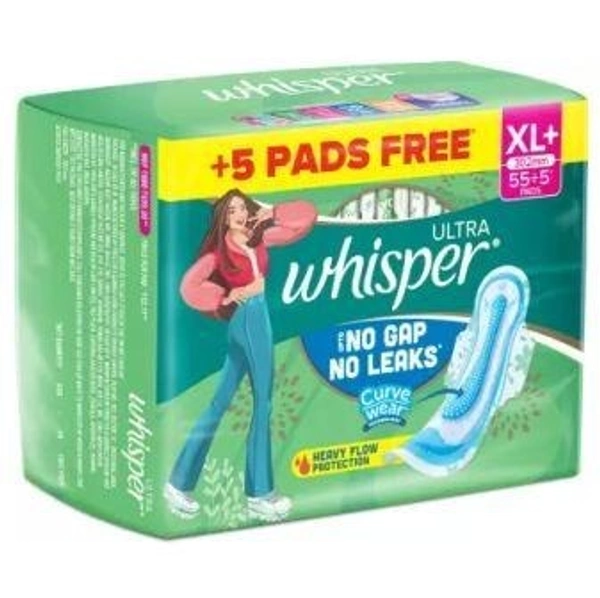 Whisper ULTRA HYGIENE+COMFORT XL+ ,PROTECTION FOR HEAVY FLOW Sanitary Pad  (5 unit Extra in Pack)  (Pack of 55)