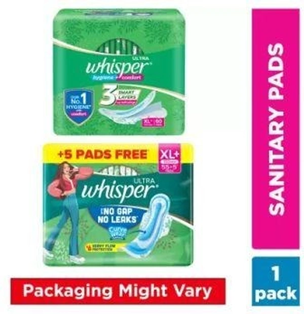 Whisper ULTRA HYGIENE+COMFORT XL+ ,PROTECTION FOR HEAVY FLOW Sanitary Pad  (5 unit Extra in Pack)  (Pack of 55)